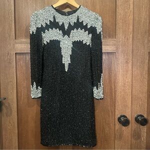 Vintage Scala Elegant Black and Silver Long Sleeve Silk Dress